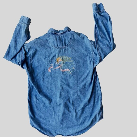 VTG Fox Hill Angel Button Down Denim Shirt Medium Embroidered Long Sleeves READ - Picture 8 of 12